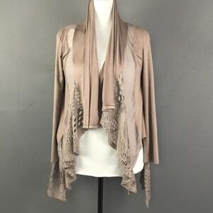 Kenar Sweater Womens Medium Taupe Open Front Cardigan Lace Drape Long Sleeve